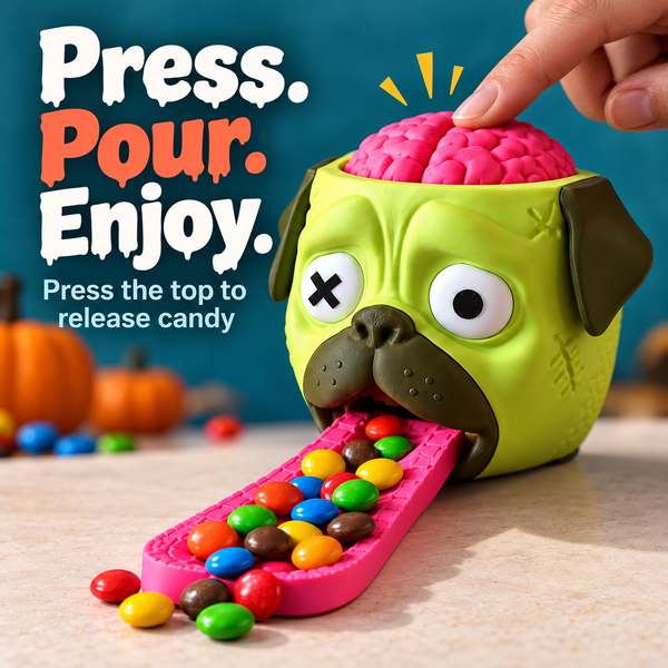 Candy being dispensed from a pug-shaped candy dispenser