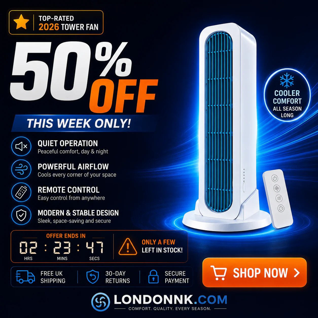 ❄️[Cool the Entire Room in 90 Seconds]Tower Fan—an air conditioner that can be used in both upright and horizontal positions