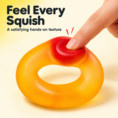 Close-up of the red and orange squishy ring being pressed