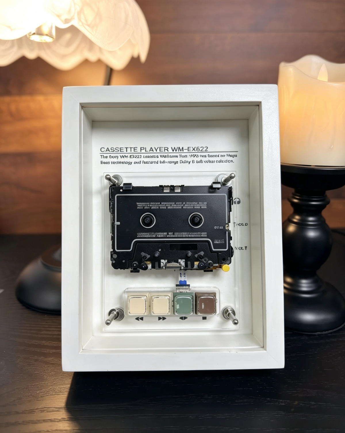 Vintage Cassette Player Frame with Functional Tape Playback & Retro Wall Art Design