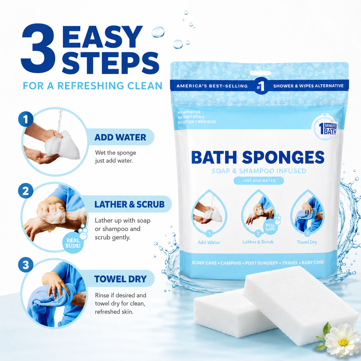 🫧Freshness Anytime, Anywhere! 25 Large Rinse-Free Bathing Wipes for Adults