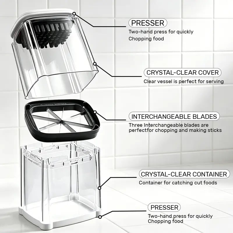 Fingersafe French Fry Cutter – Stainless Steel Potato Slicer with Detachable Interchangeable Blades