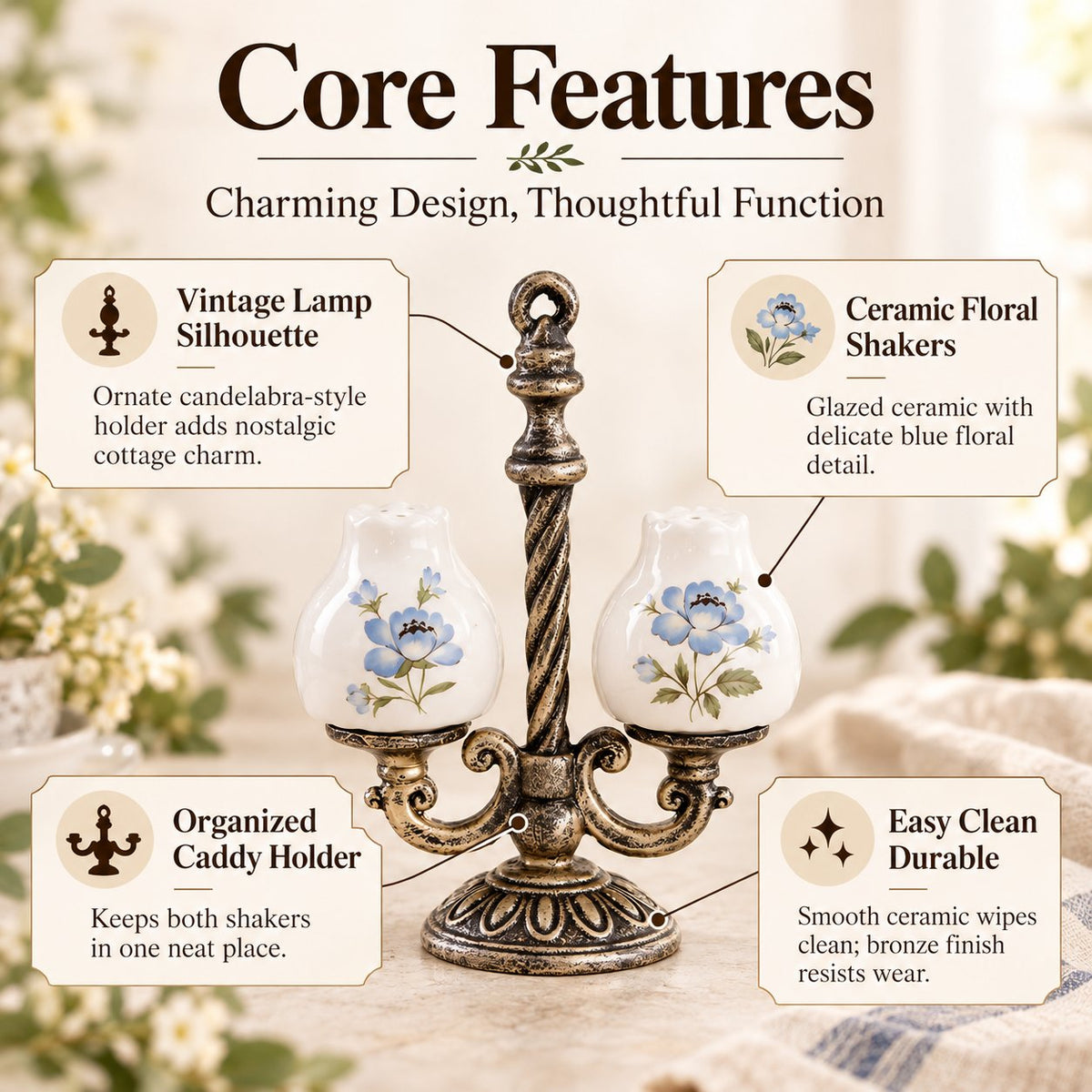 Retro Candelabra Salt Pepper Set | Ceramic Floral Shakers with Caddy, Vintage Dining Accent