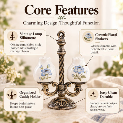 Retro Candelabra Salt Pepper Set | Ceramic Floral Shakers with Caddy, Vintage Dining Accent