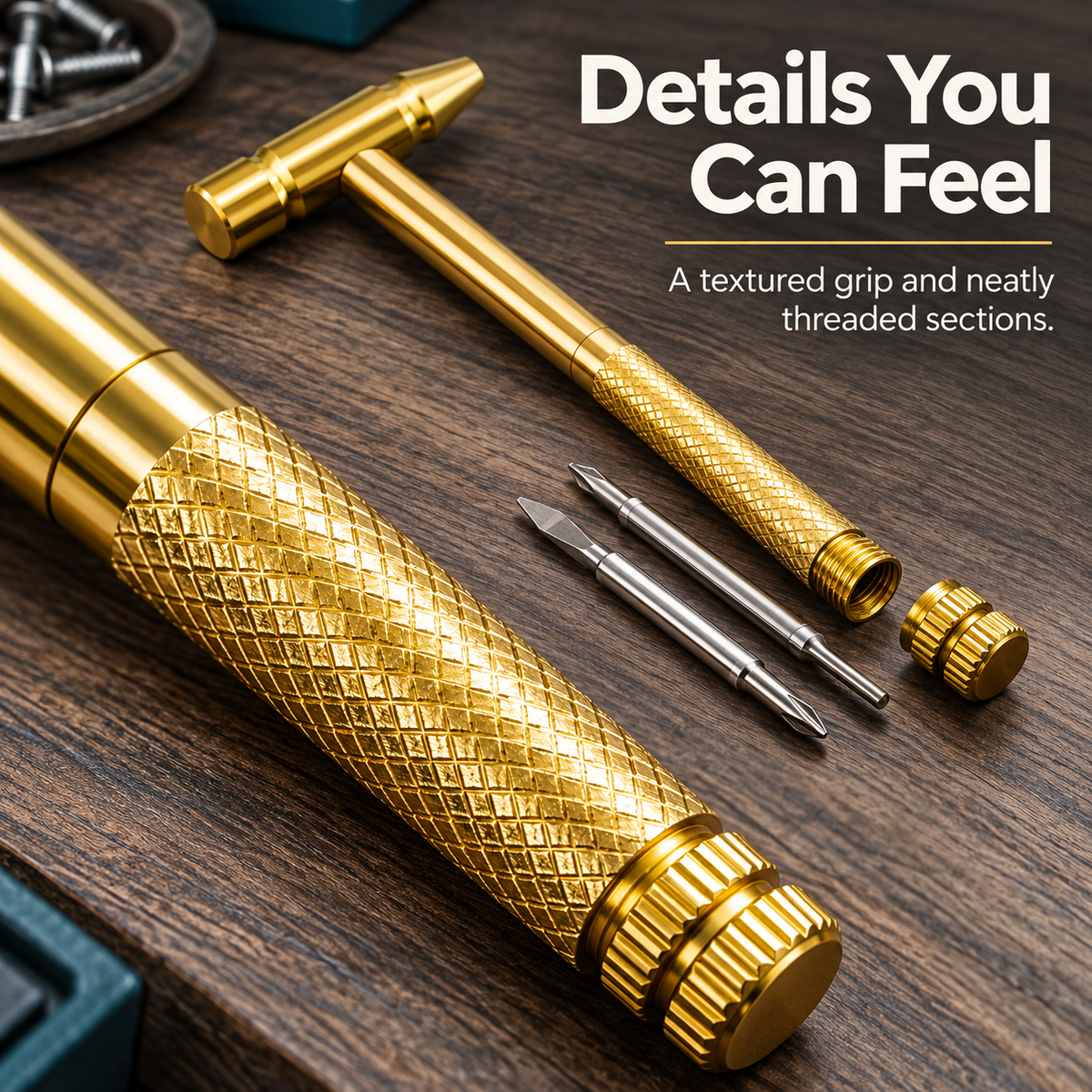 ✨ Golden Portable Multi-Tool Hammer with Nested Screwdriver Bits, Knurled Non-Slip Grip Mini Repair Hand Tool