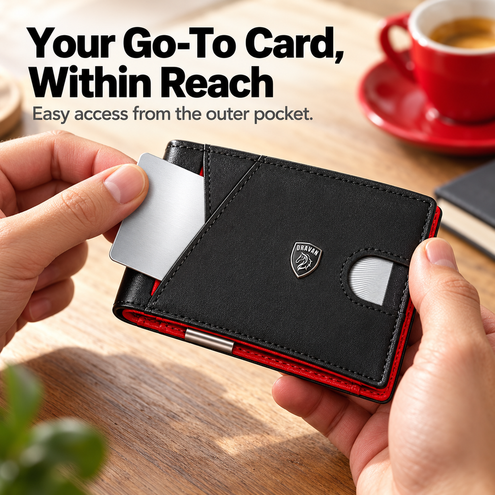 Hand accessing a card from the exterior slot of the black wallet