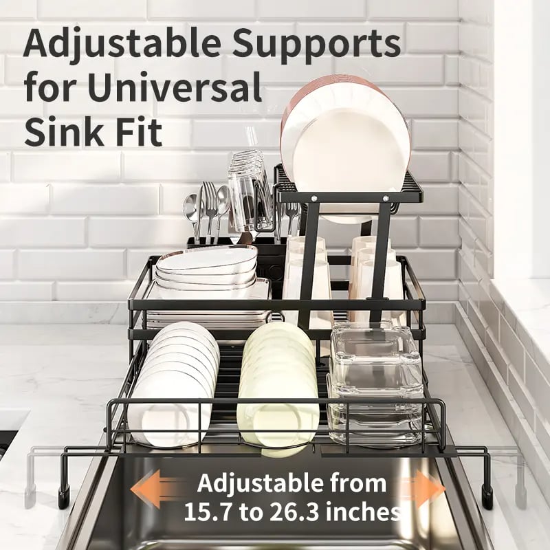 Foldable Over Sink Dish Drying Rack|Pull-Out 2-Tier Dish Drainer with Utensil Holder