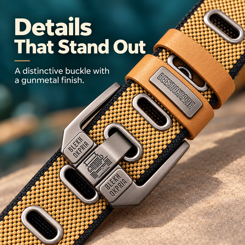 Angled close-up showing the belt's metal buckle and tan keeper loops