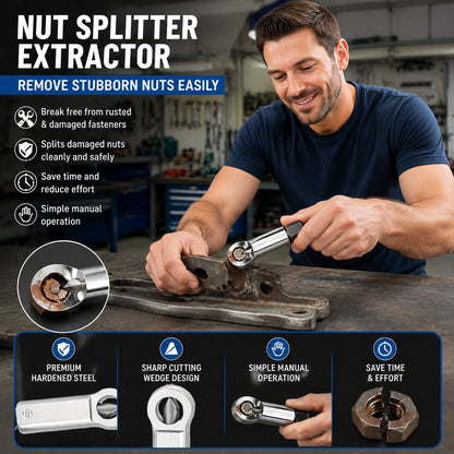 Nut splitter extractor removing a stubborn rusted nut in a workshop