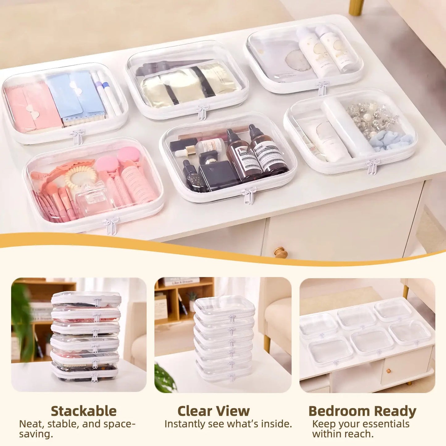 4 PCS Clear Organizer Storage Box Clear Hard Zipper Case PVC Plastic CLear Storage Containers