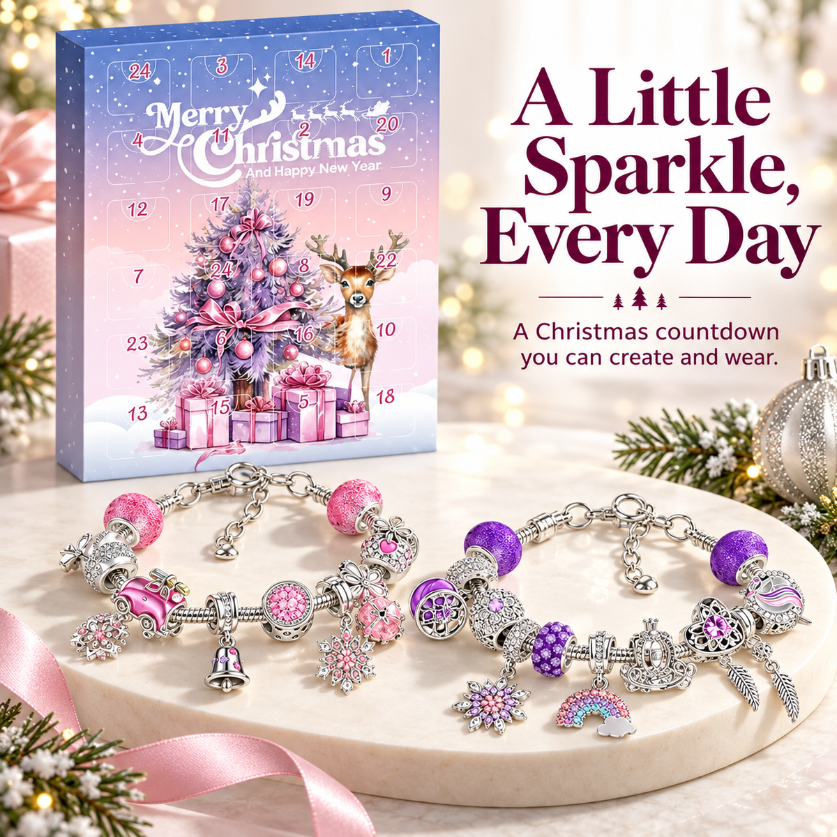 Pink and purple Christmas charm bracelet advent calendar with decorative charms