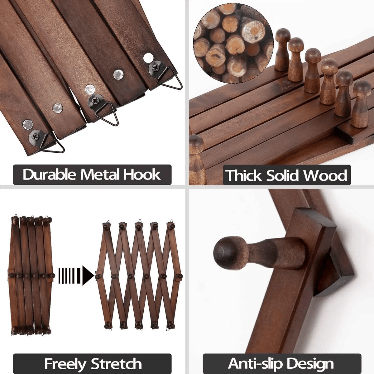 Accordion Peg Rack | 16 Hooks Expandable Wall Rack for Hats, Coat, Tools | Multi-Purpose Wooden Organizer Holds/Hangers Caps, Bag & Hoodies | Space Saving Room/Garage/Entryway Storage Solution (Brown)
