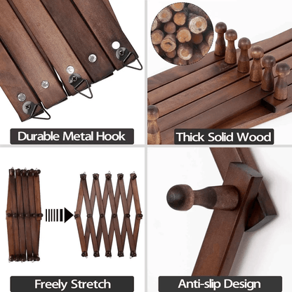 Accordion Peg Rack | 16 Hooks Expandable Wall Rack for Hats, Coat, Tools | Multi-Purpose Wooden Organizer Holds/Hangers Caps, Bag & Hoodies | Space Saving Room/Garage/Entryway Storage Solution (Brown)