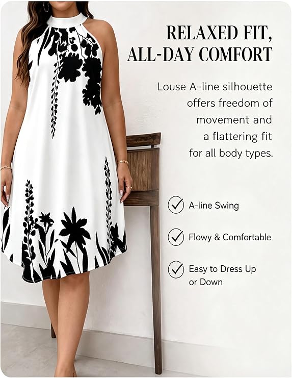 Floral Print Halter Neck Sleeveless Swing Dress