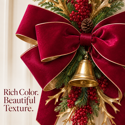Luxurious Velvet Christmas Scapular with Red Berries, Golden Branches, and a Jingle Bell - 1.60m