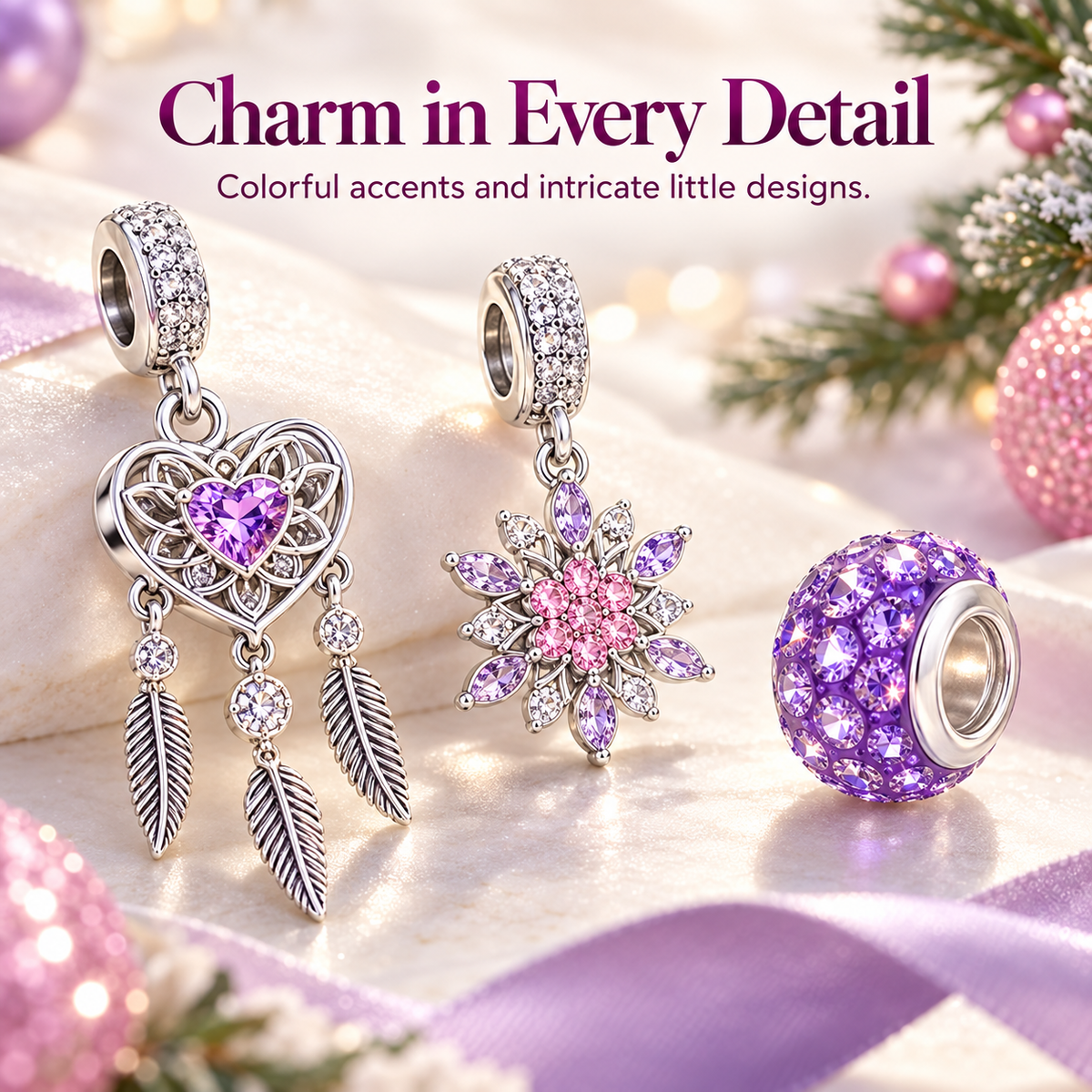 Close-up of decorative purple and pink jewelry charms