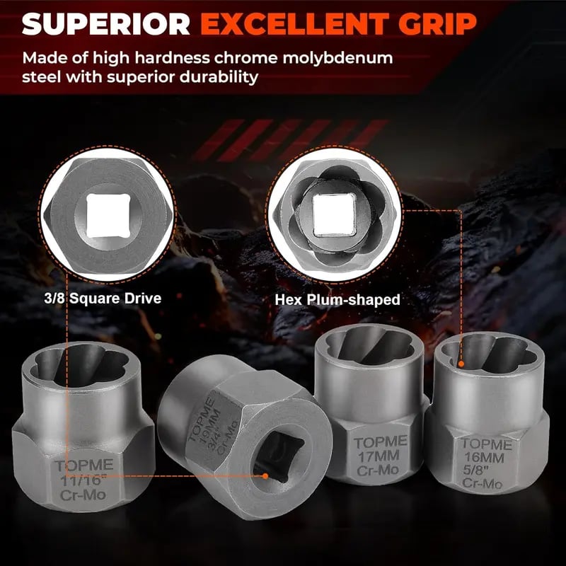 TOPME Bolt Extractor Kit,13+1 Piece Impact-Grade CR-MO Steel Nut Remover Set, 3/8' Drive Socket for Removing Frozen/Rusted/Rounded Bolts & Lug Nuts (Sizes 8-19mm)