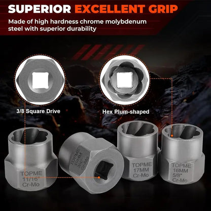 TOPME Bolt Extractor Kit,13+1 Piece Impact-Grade CR-MO Steel Nut Remover Set, 3/8' Drive Socket for Removing Frozen/Rusted/Rounded Bolts & Lug Nuts (Sizes 8-19mm)