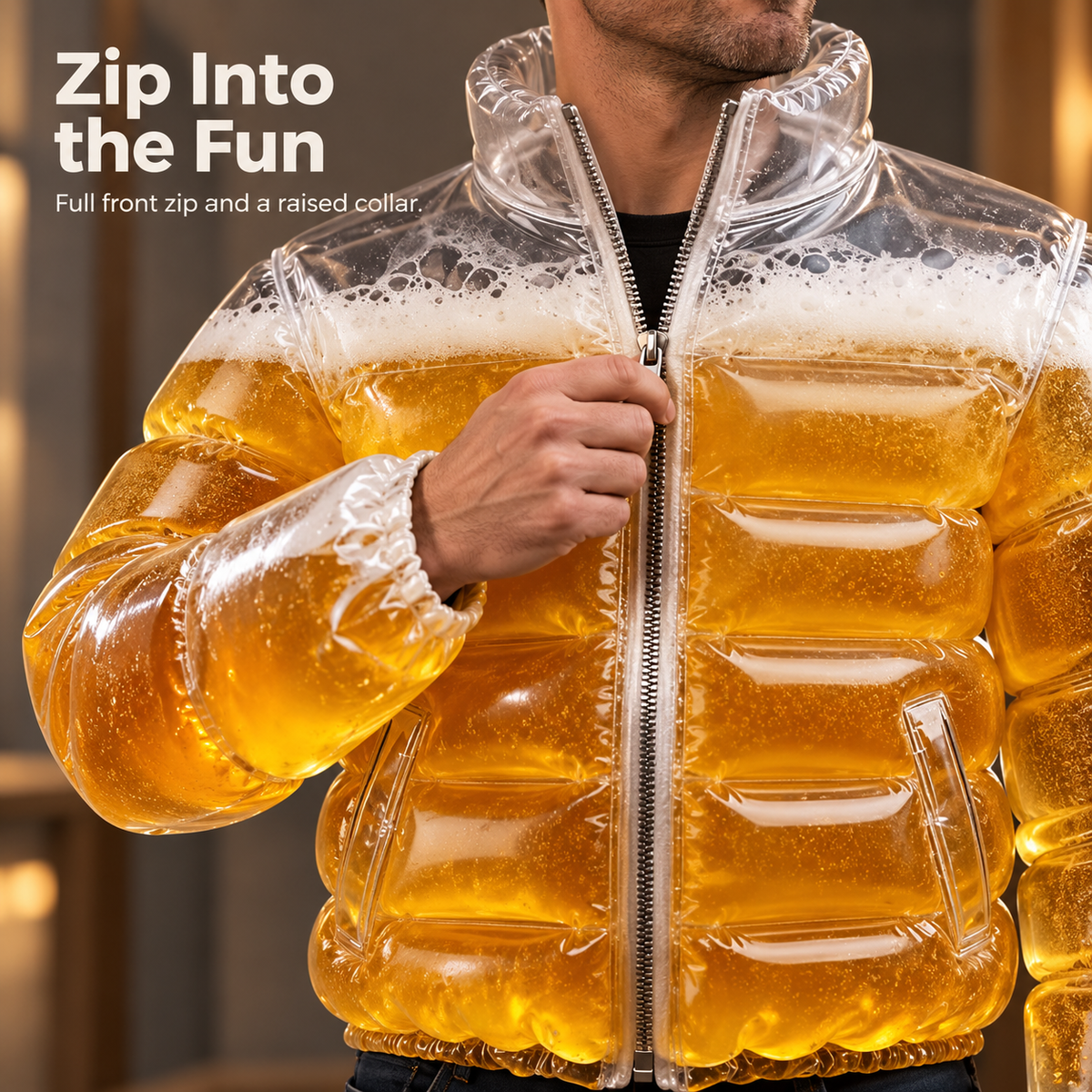 Men’s Fun Beer-Themed Inflatable Down Jacket – Costume for Parties and Carnivals, Transparent Version