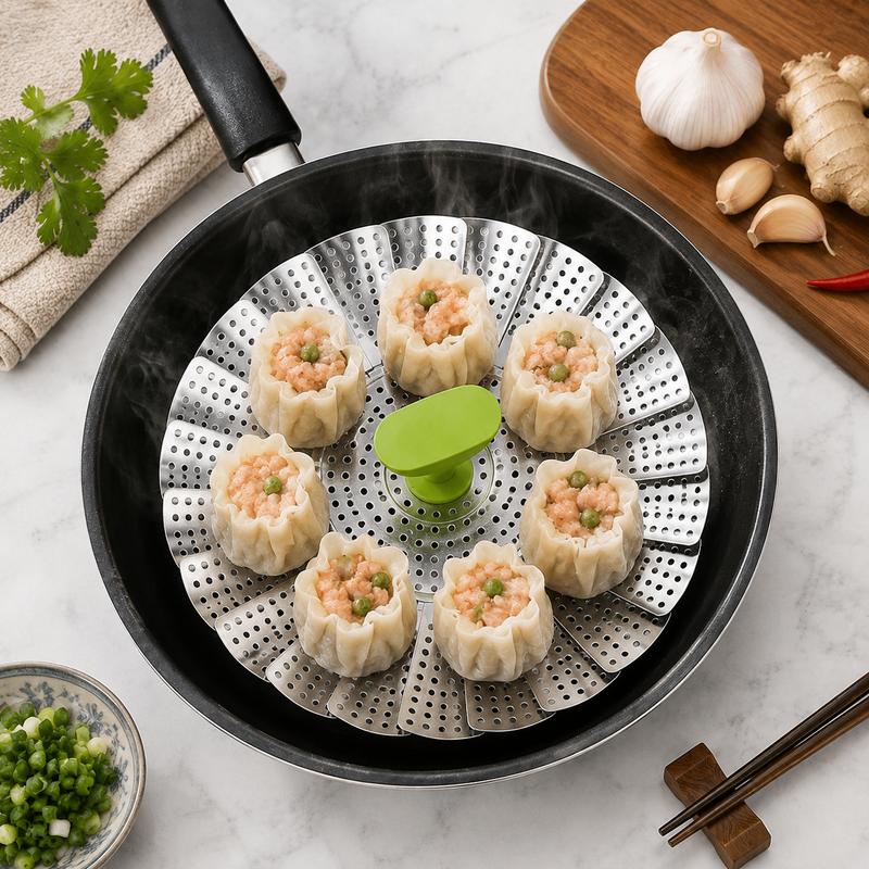 Steamer basket with dumplings inside a pan