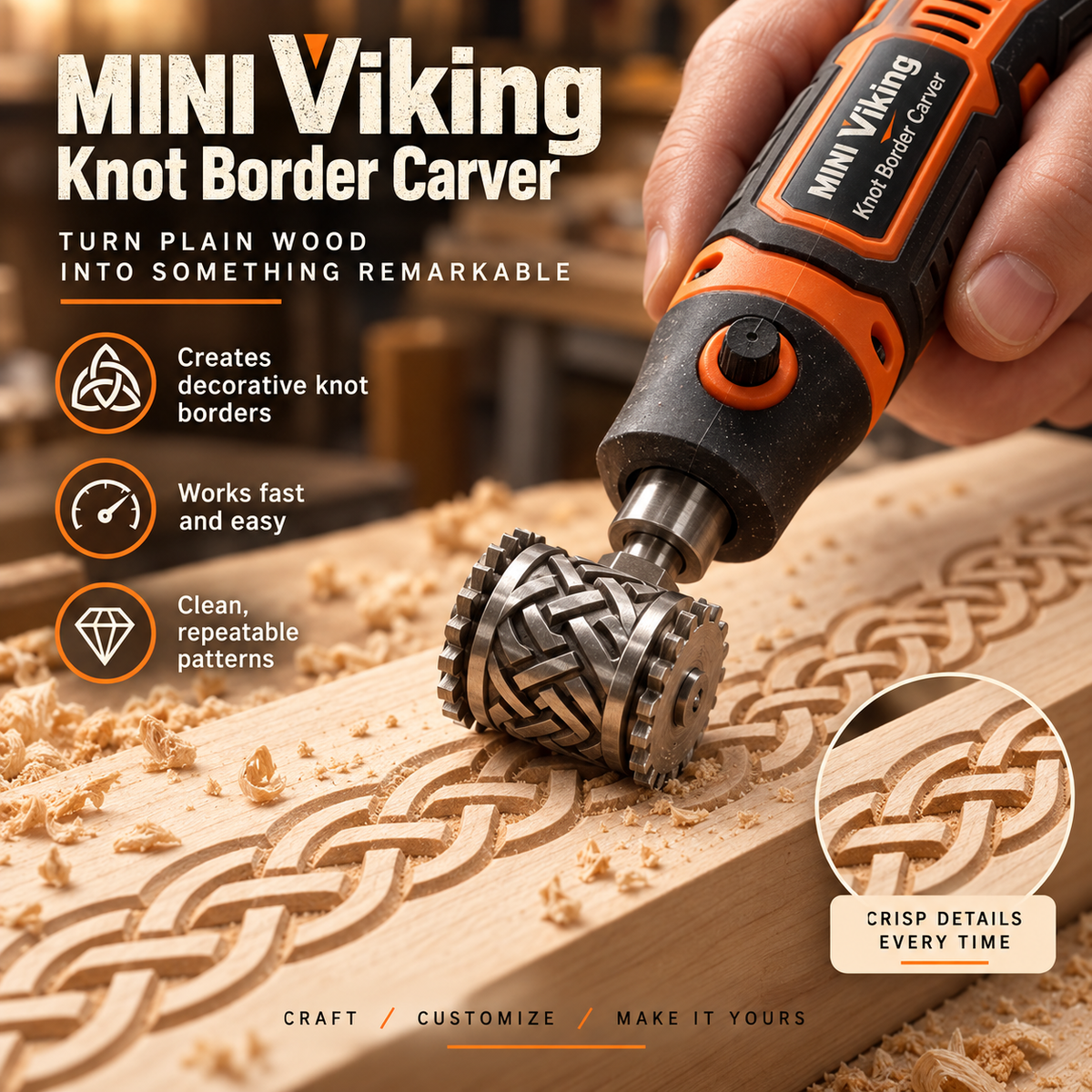 MINI Viking Knot Border Carver – Decorative Woodworking Roller Tool