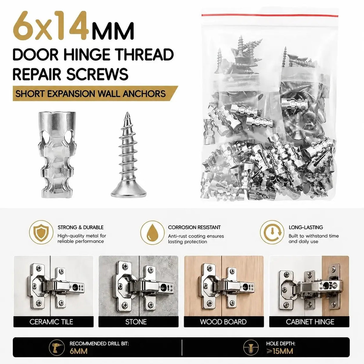 6x14mm Door Hinge Repair Screws & Wall Anchors Pack(60pcs)