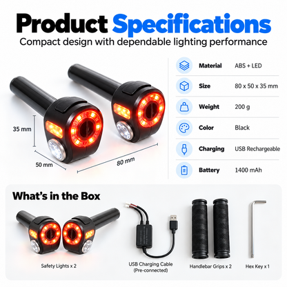 🚴 Dual-Direction Handlebar Safety Lights – USB Rechargeable Front & Rear Bike Lights with Hidden Bar-End Installation