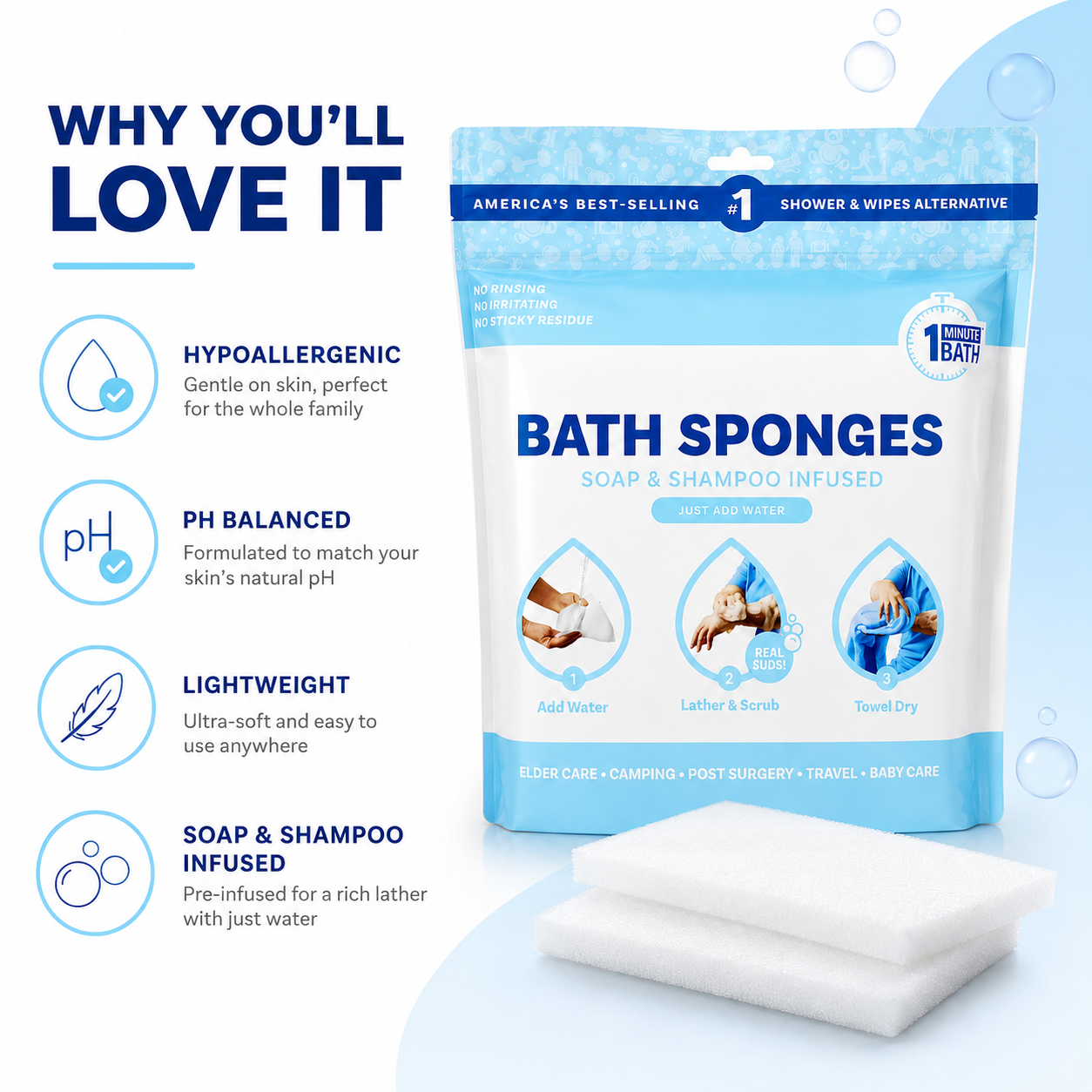 🫧Freshness Anytime, Anywhere! 25 Large Rinse-Free Bathing Wipes for Adults