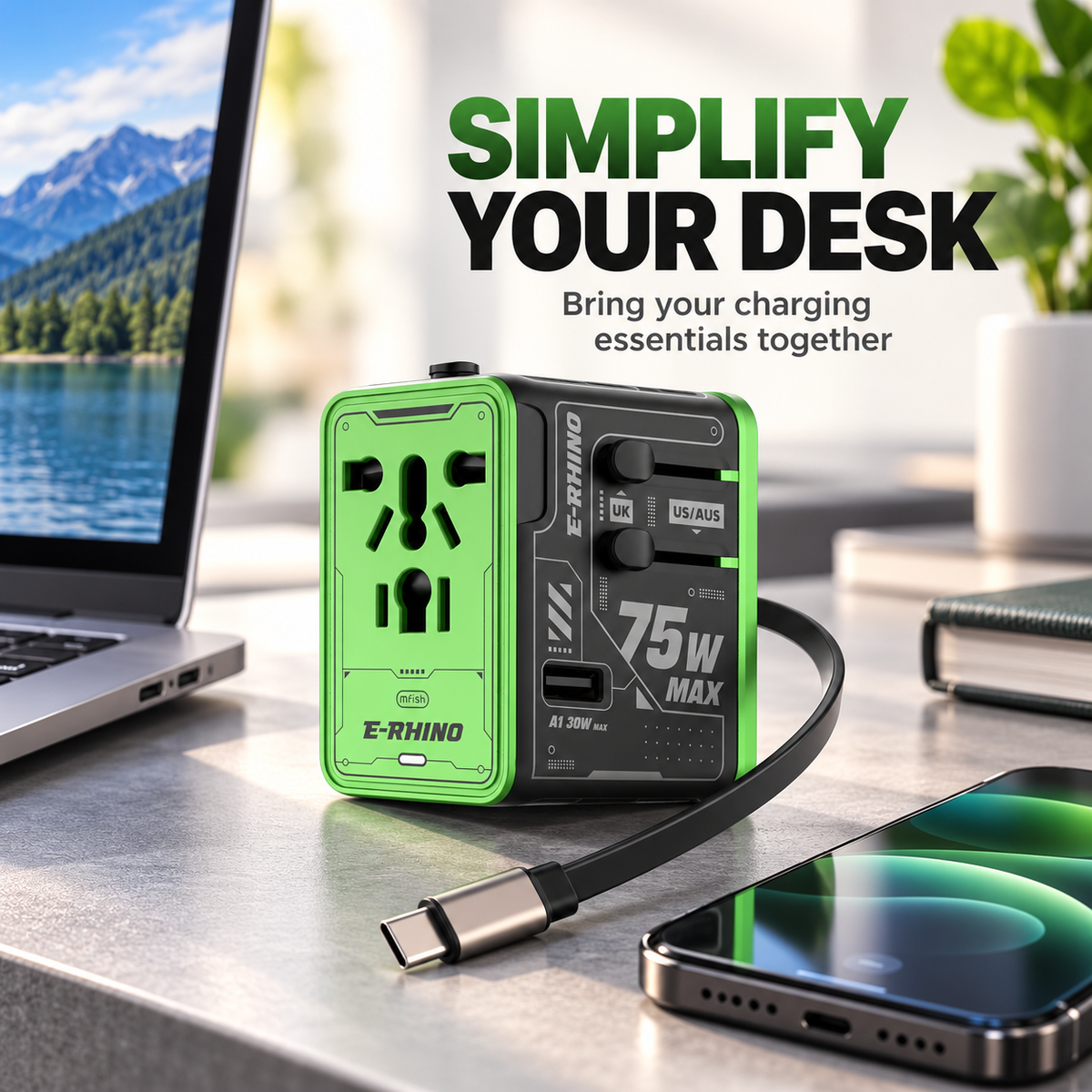 ⚡ 75W MAX All-in-One Travel Adapter – 5-Port Charging Hub with Built-In USB-C Cable 🌍🔌