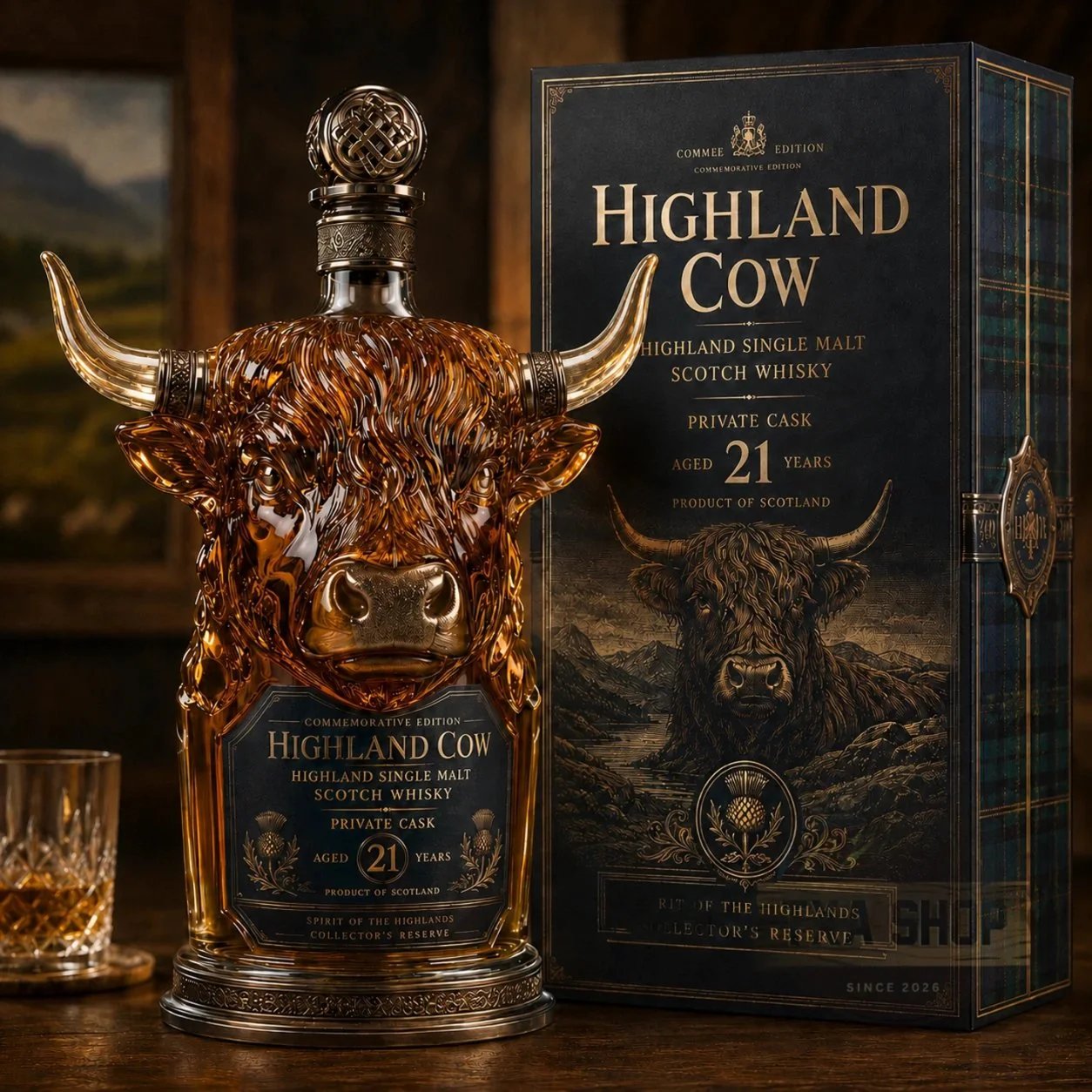 🎁 Highland Cow Private Cask 21 Years Cow Head Shaped Scotch Whisky Bottle