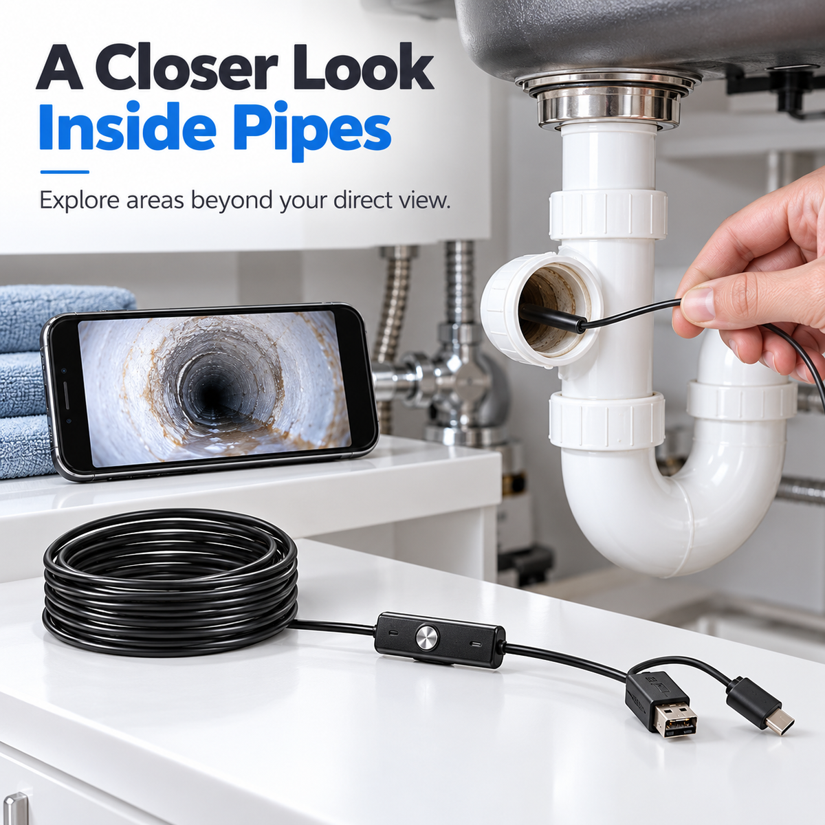 Endoscope camera cable arranged for inspection inside pipes