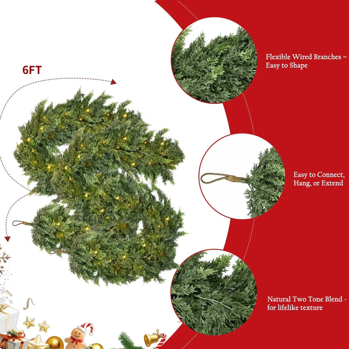 🎄 6FT Real Touch Cedar Garland 🌿 Gradient Green Artificial Cypress Pine Garland for Christmas Mantel, Table, Wall & Indoor Outdoor Décor ✨