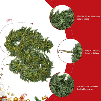 🎄 6FT Real Touch Cedar Garland 🌿 Gradient Green Artificial Cypress Pine Garland for Christmas Mantel, Table, Wall & Indoor Outdoor Décor ✨