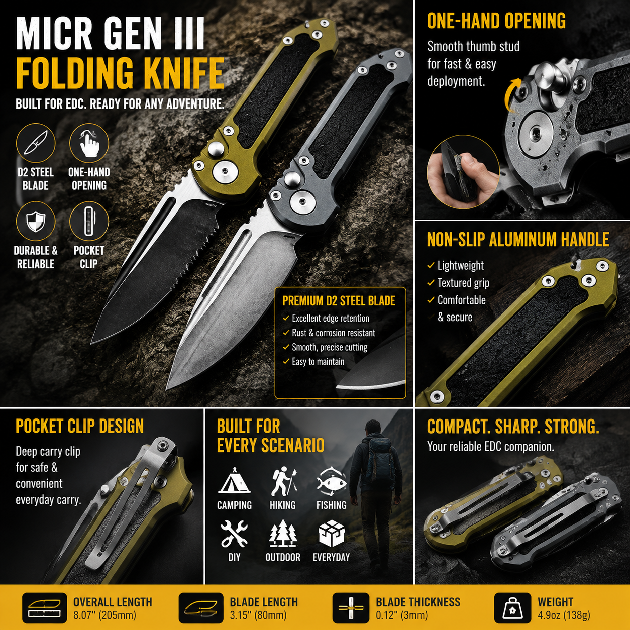 🏕️MICR Gen III Folding Knife 🔪 D2 Steel Camp Tool