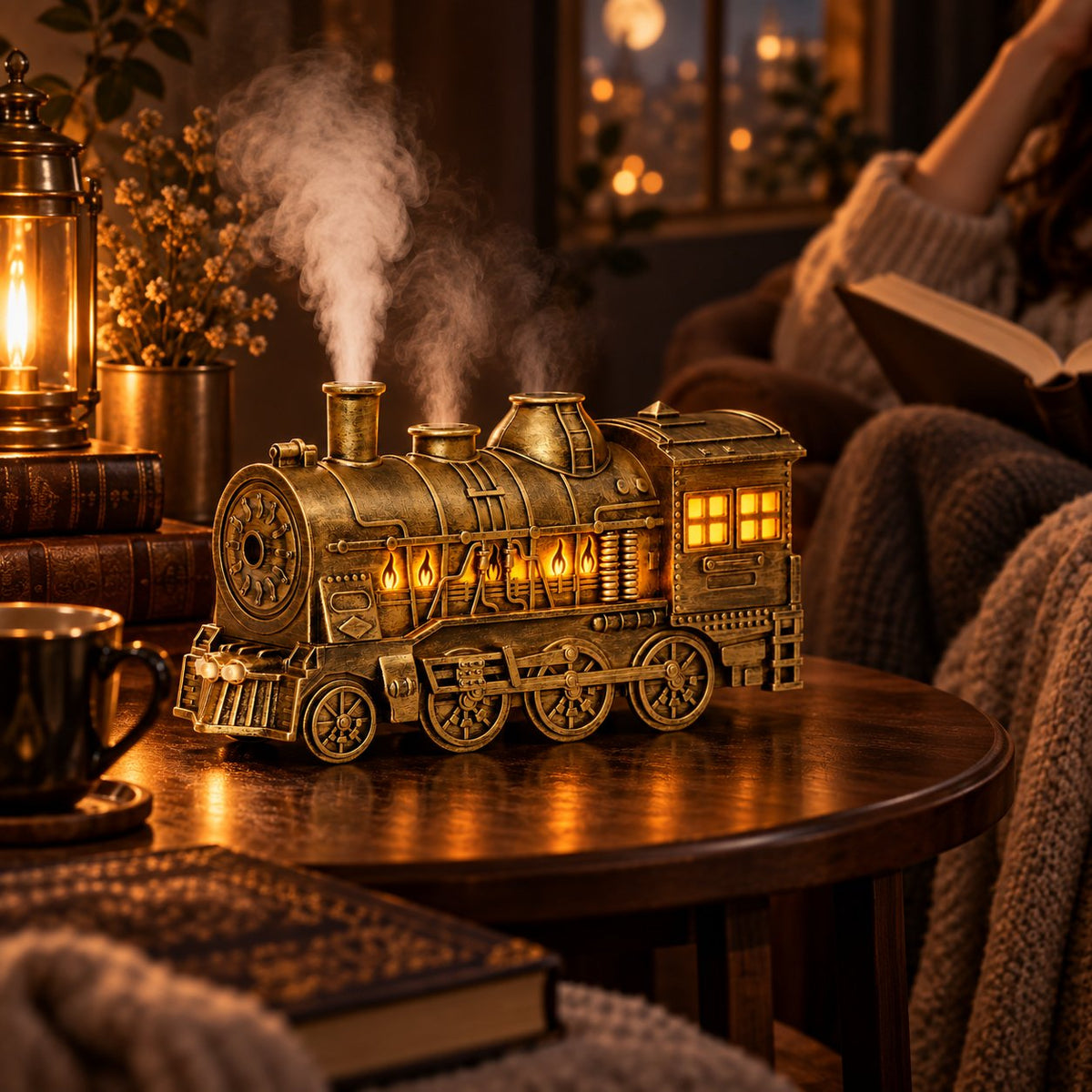 Vintage Steam Train Aromatherapy Diffuser with Simulated Flame Light Decor