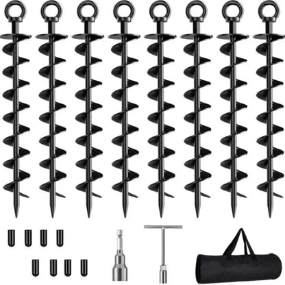Heavy Duty Spiral Blade Ground Anchor Kit, 4-Pack 15-Inch Solid Steel Stakes for Tents, Carport, Garden Sheds, Multi-Purpose Full Spiral Blade Design, Easy Installation, High Load Bearing, Deep Soil Grip, Anti-Loosen