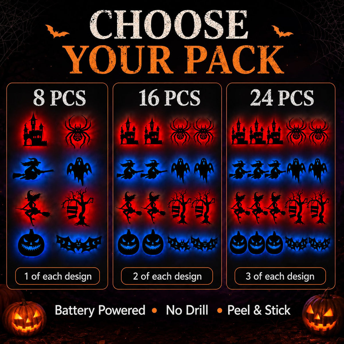 🔥Last Day 50% OFF - 🎃8 Pack Halloween LED Silhouette Wall Light Stickers, Battery Powered Peel & Stick Decor Lights