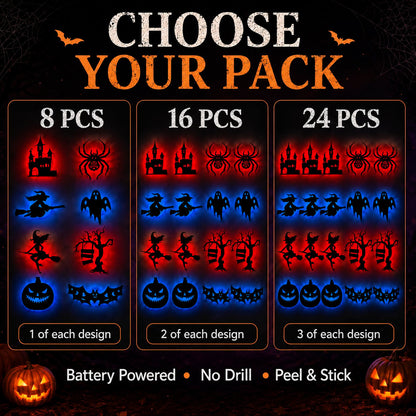 🔥Last Day 50% OFF - 🎃8 Pack Halloween LED Silhouette Wall Light Stickers, Battery Powered Peel & Stick Decor Lights
