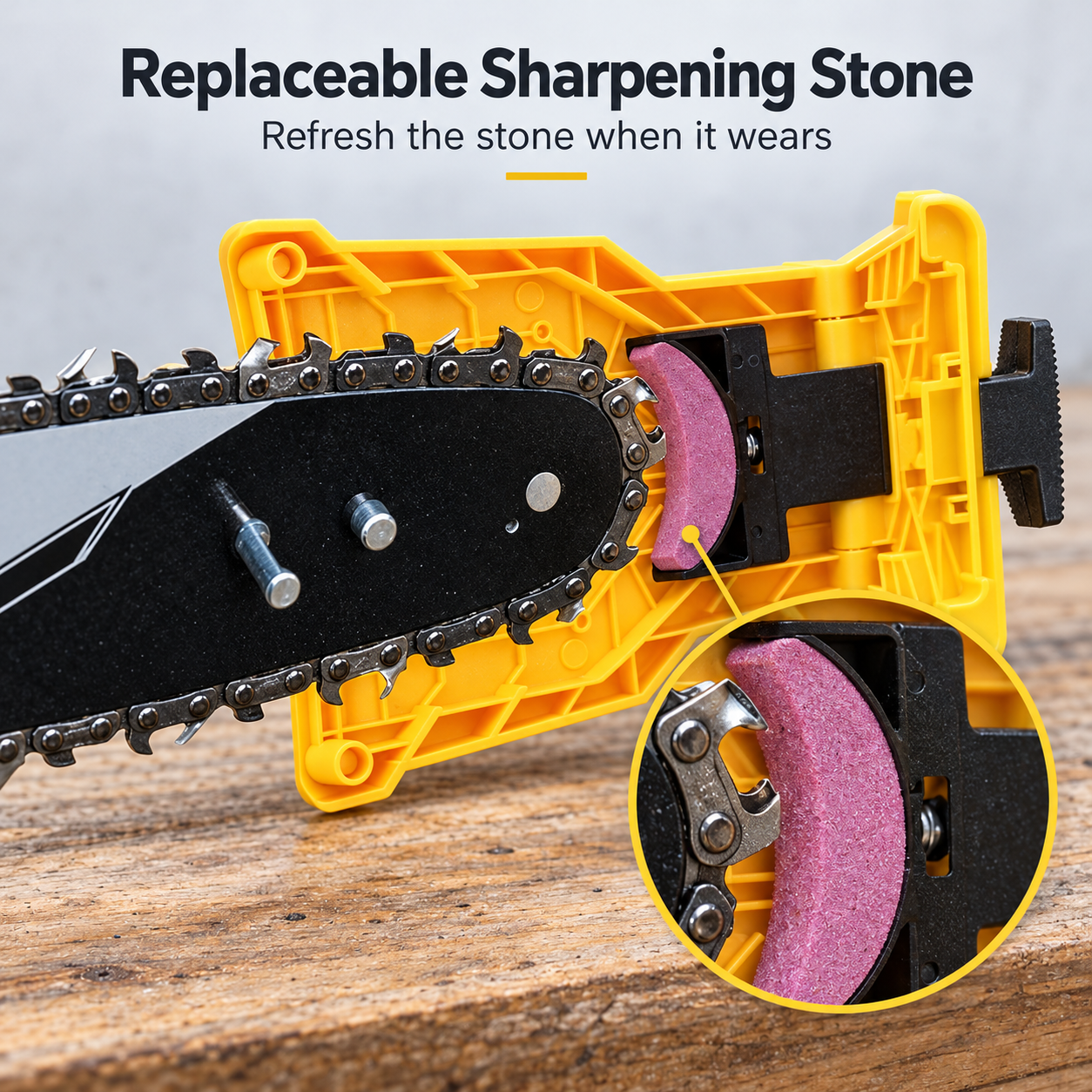 Replaceable sharpening stone inside the chainsaw sharpener