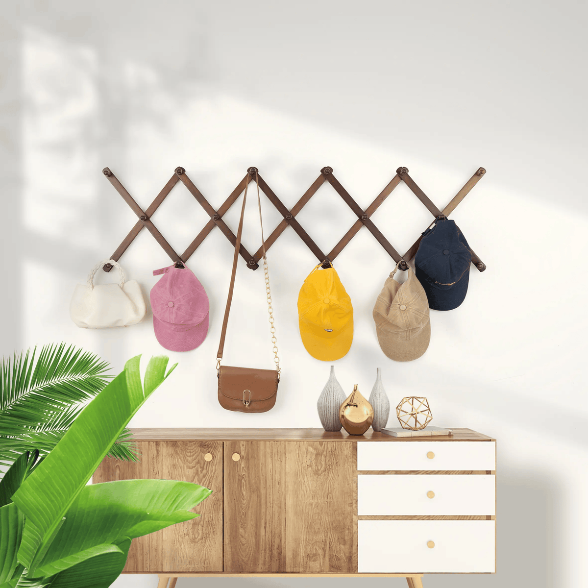 Accordion Peg Rack | 16 Hooks Expandable Wall Rack for Hats, Coat, Tools | Multi-Purpose Wooden Organizer Holds/Hangers Caps, Bag & Hoodies | Space Saving Room/Garage/Entryway Storage Solution (Brown)