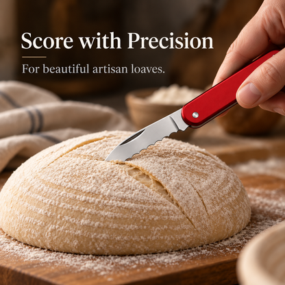 🔪Compact Folding Baker's Knife | 2.5″ Wavy-Edge Stainless Steel Blade | Red Aluminum Handle | Made in Switzerland