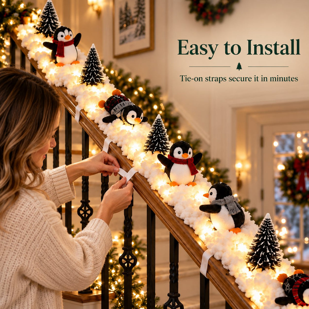Playful Penguin Snowy Stair Railing Decor