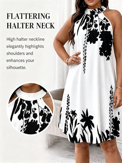 Floral Print Halter Neck Sleeveless Swing Dress