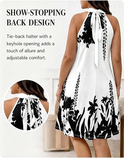 Floral Print Halter Neck Sleeveless Swing Dress
