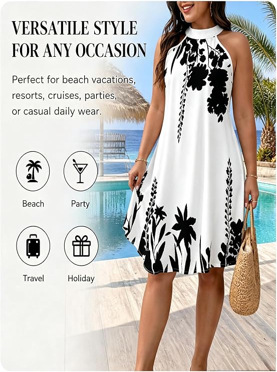 Floral Print Halter Neck Sleeveless Swing Dress
