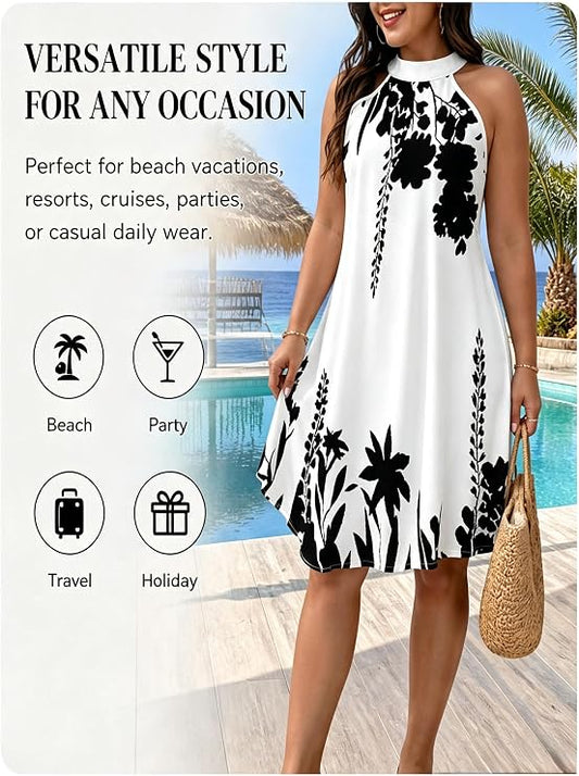 Floral Print Halter Neck Sleeveless Swing Dress
