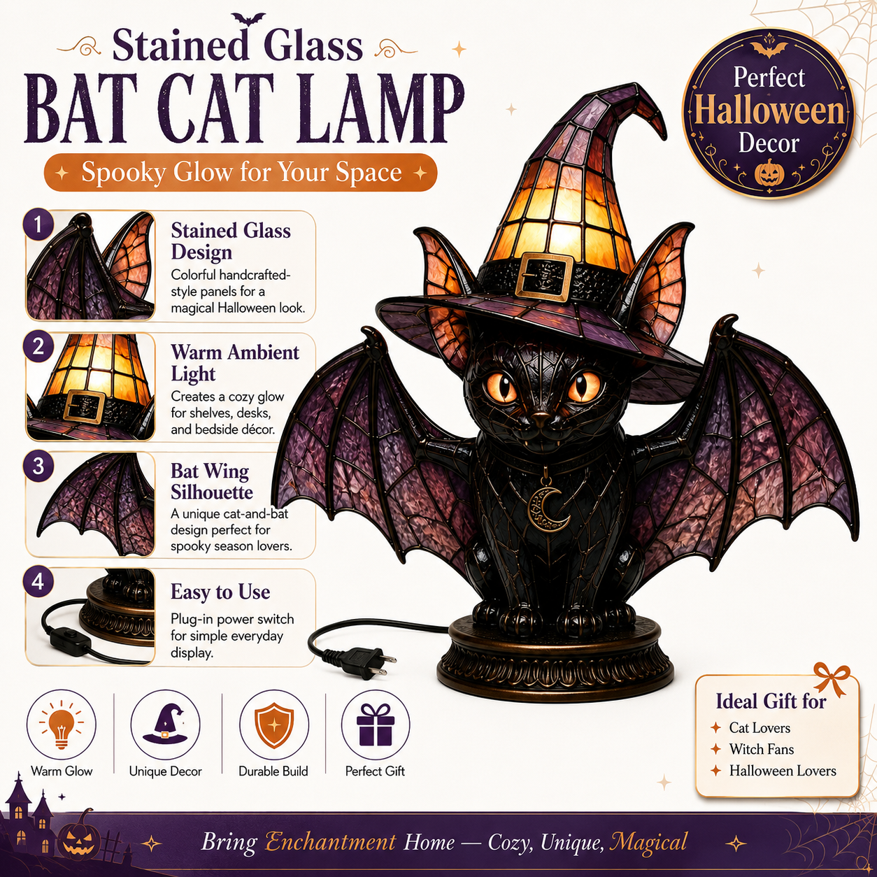 🔥Exclusive Limited Item 👍🔥50%OFF🐈 Gothic Stained Glass Witch Black Cat Table Lamp | Halloween Witch Hat Night Light Decor