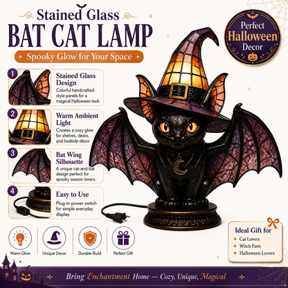 🔥Exclusive Limited Item 👍🔥50%OFF🐈 Gothic Stained Glass Witch Black Cat Table Lamp | Halloween Witch Hat Night Light Decor