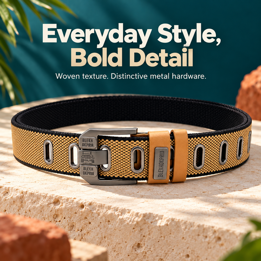 Close-up of the woven canvas belt and distinctive metal pin buckle