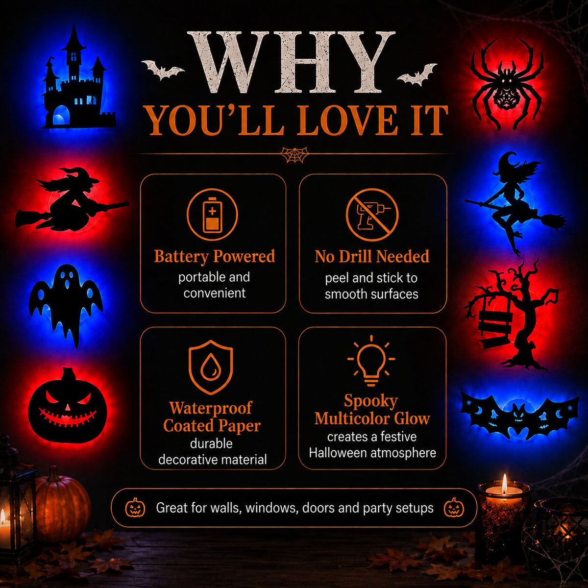 🔥Last Day 50% OFF - 🎃8 Pack Halloween LED Silhouette Wall Light Stickers, Battery Powered Peel & Stick Decor Lights